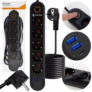 ✅ Napájací kábel s vypínačom 5 zásuviek + 2 x USB-A + 1 x USB -C